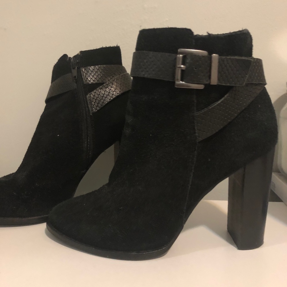 French Connection Black Leather Suede Heel Booties